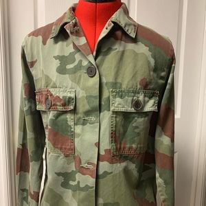 ZARA Denim Camouflage Overshirt Green Brown Long Sleeve